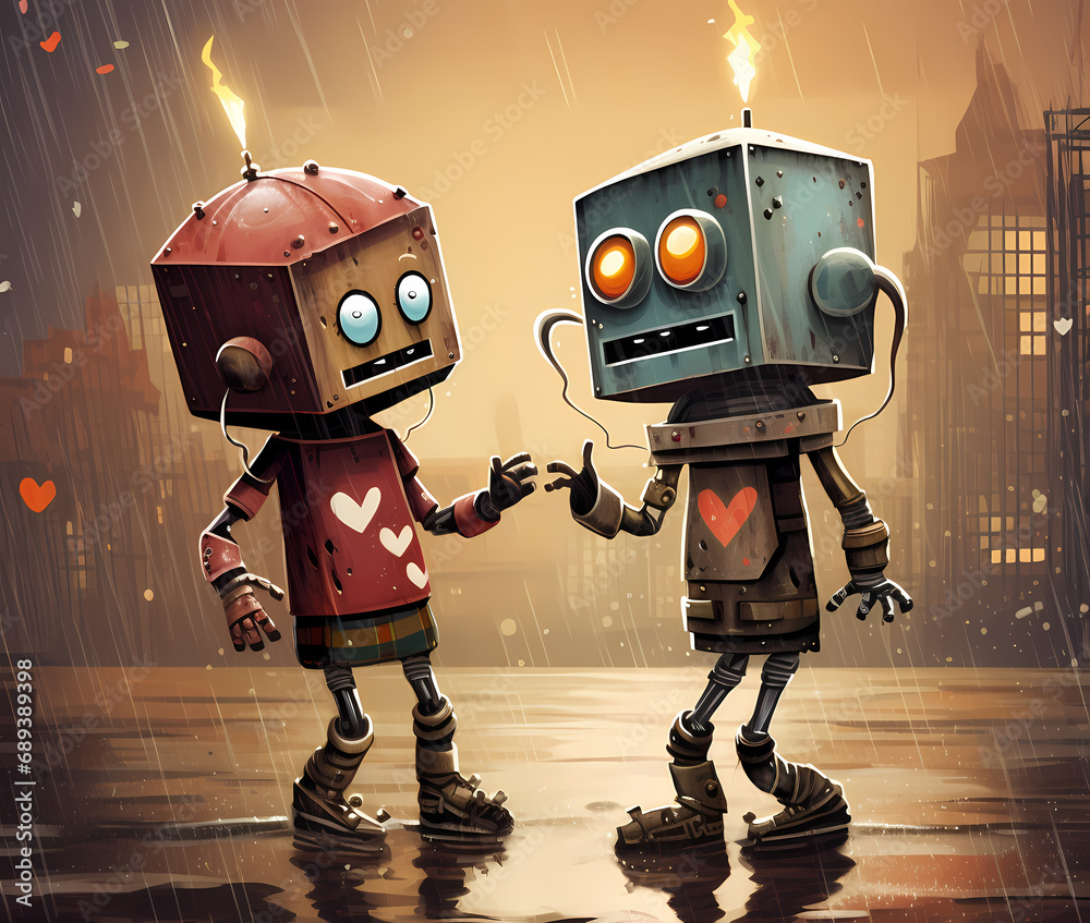 couple of robots dancing in the rain, generative ai image, valentines day celebrate love couple of robots dancing in the rain, generative ai image, valentines day celebrate love