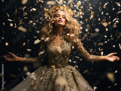 Portrait of beautiful woman with conffeety. Creative sparkling confetti explosion. Elegant New Year Eve party celebration