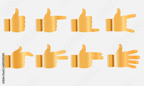 3d hands in different positions. Gesticulation. Set of hands in different gestures. Decoration is gold. Vector illustration