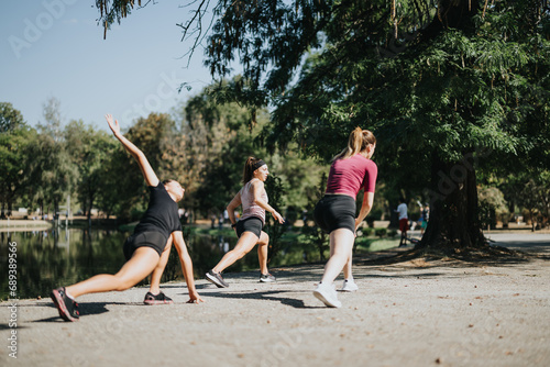 Active Girls Stretching and Warming up in a Sunny City Park.