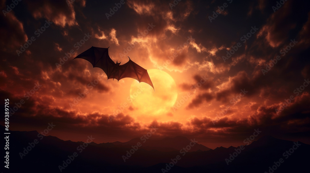 Bat in night sky, full Moon, Halloween theme - obrazy, fototapety, plakaty 