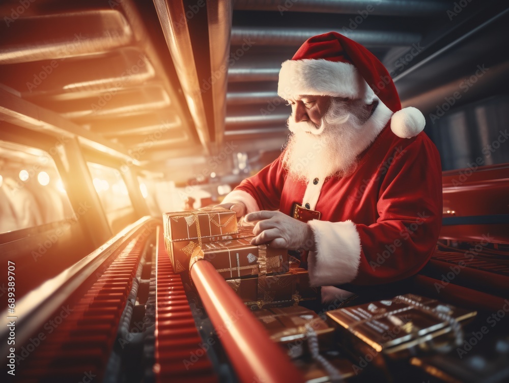 Santa Claus is packing gift boxes on a conveyor belt in the gift factory, red and gold gift box