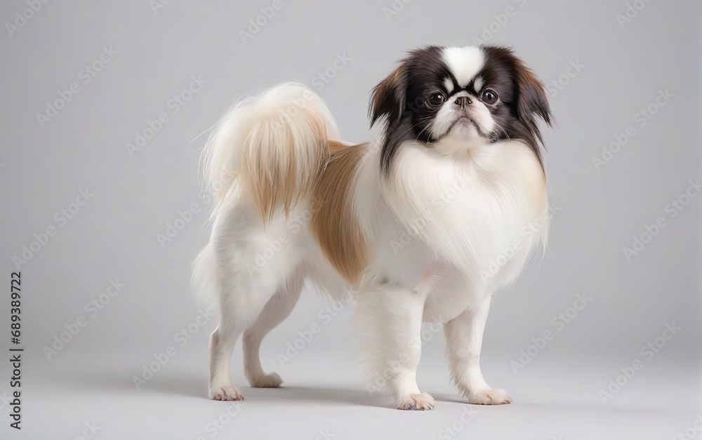 Perro de raza chin japonés, de pie, sobre fondo blanco Perro de raza chin japonés, de pie, sobre fondo blanco