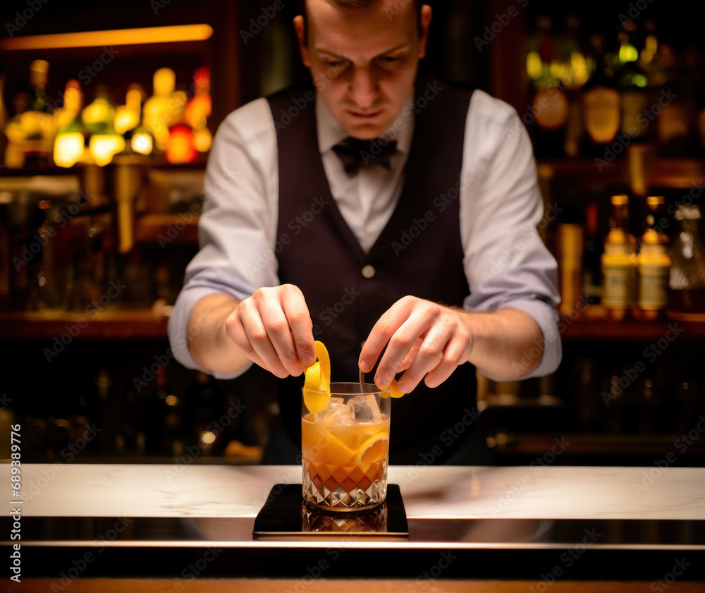 Young bartender is decorating a cocktail in a bar