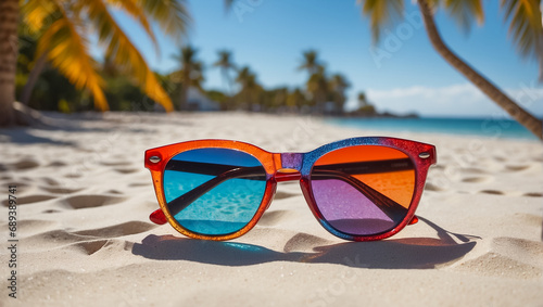 Beautiful stylish sunglasses on the sand, on the seashore, palm leaves, summer concept