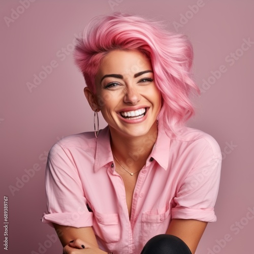 Modern adult woman in stylish pink clothes with pink hair