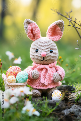 handmade knitted stuffed toy cute rabbit for Easter in spring