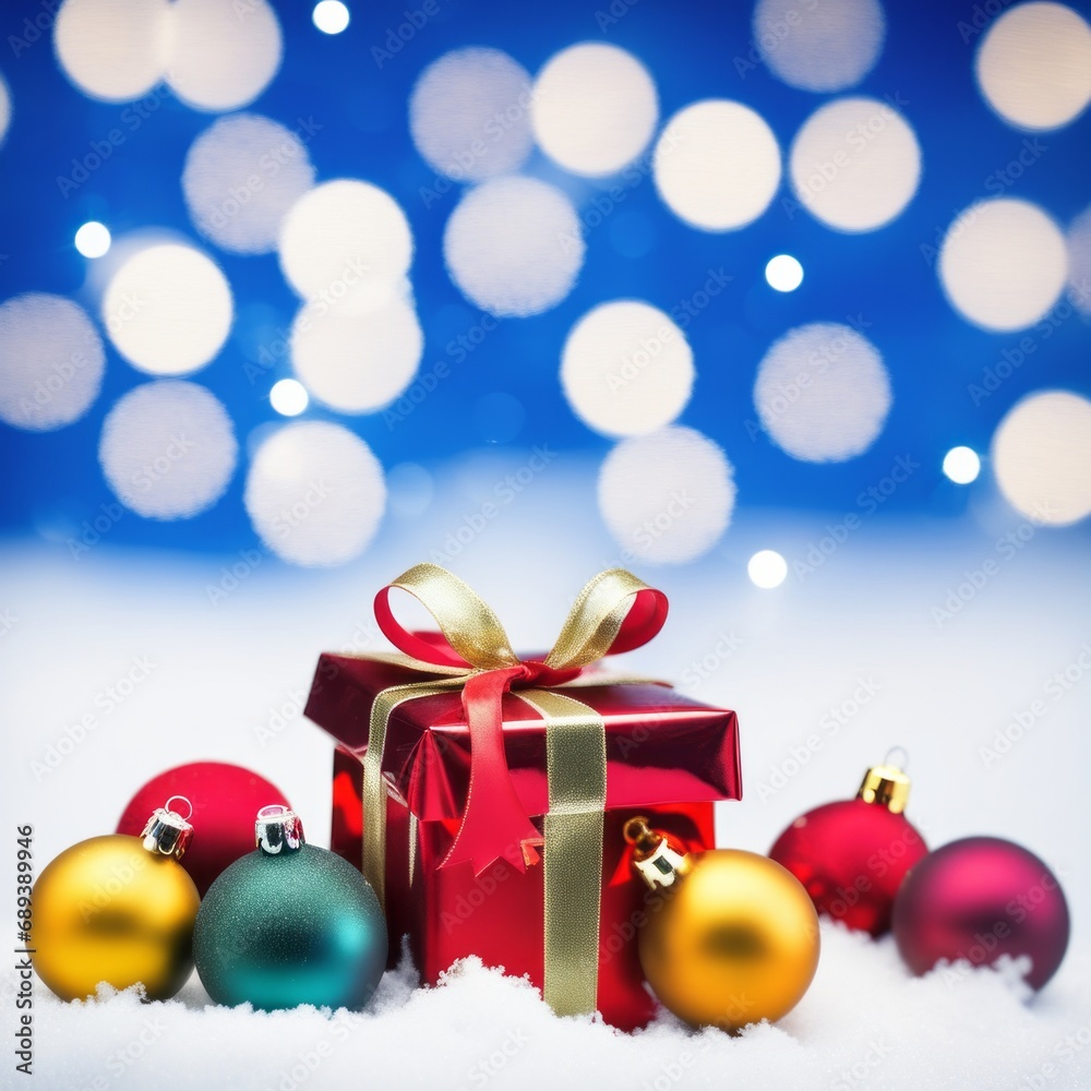 Christmas Gifts box on a snowy background, A bokeh background effect.