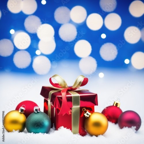 Christmas Gifts box on a snowy background, A bokeh background effect.