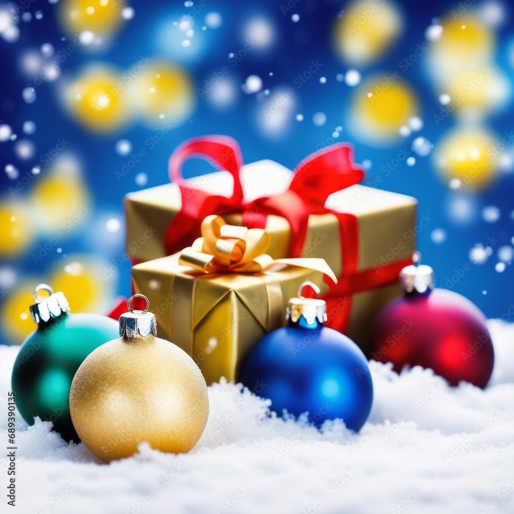 Christmas Gifts box on a snowy background, A bokeh background effect.