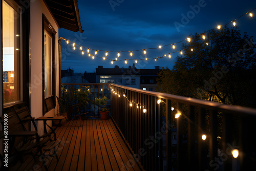 front porch of house with lights, cozy evening lights