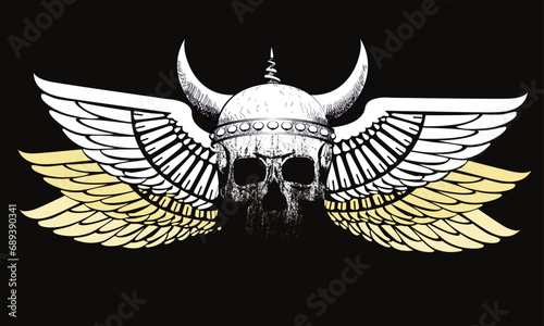 Viking skull t-shirt design with open wings on a black background.