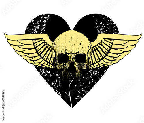 T-shirt design of a black winged heart with a skull. vector illustration ideal for a heavy rock album cover