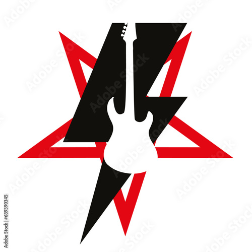 Thunderbolt symbol t-shirt design with electric guitar and star silhouette. Good illustration for the glamorous rock of the 80s.