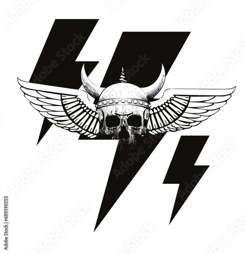 Design for a winged skull t-shirt next to the symbol of thunderbolt. Satanic tattoo.	