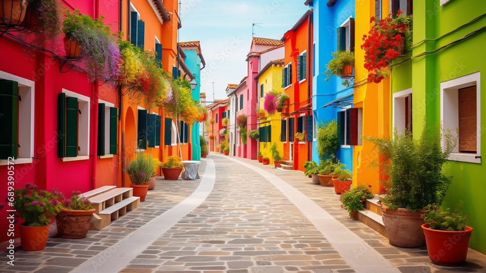 Colorful street in Burano, near Venice, Italy 