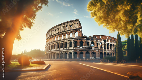 View of Colosseum in Rome and morning sun, Italy, Europe photo