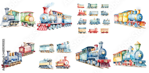 Watercolor freight train engine, caboose and train cars set isolated on a white background