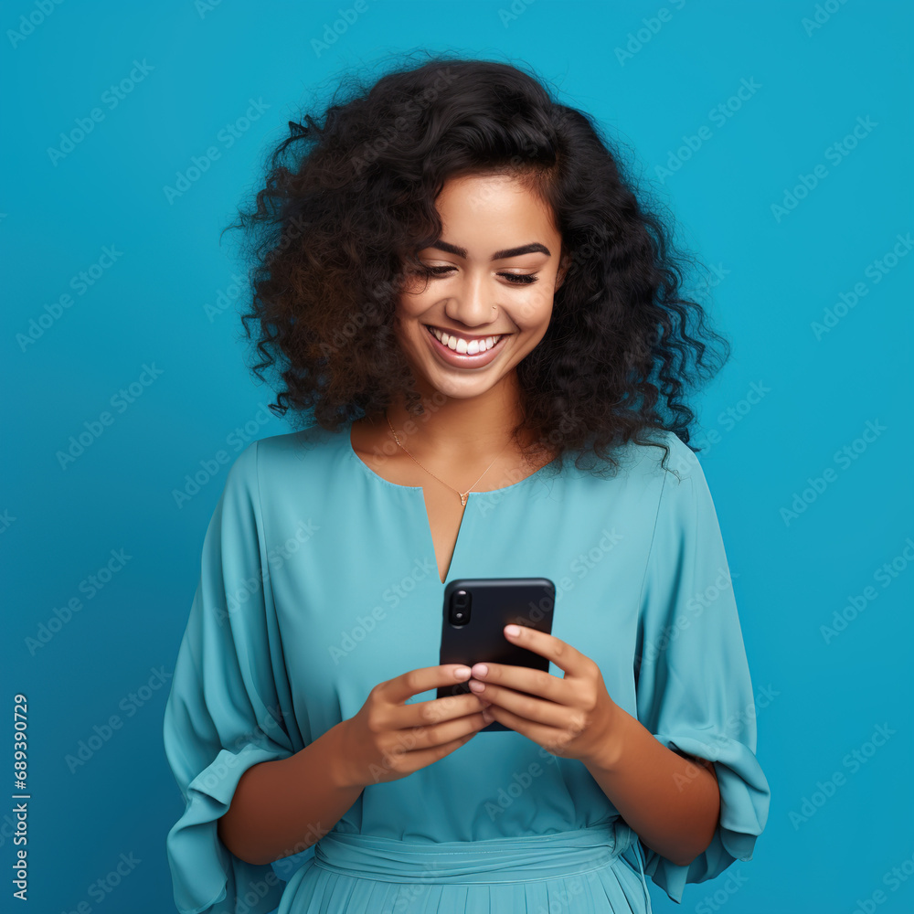 Young adult, smiling woman, holding mobile phone, engaging with smartphone, typing message, ecommerce shopping, app usage, cellphone interaction, isolated on blue background, 4K resolution, vibrant Young adult, smiling woman, holding mobile phone, engaging with smartphone, typing message, ecommerce shopping, app usage, cellphone interaction, isolated on blue background, 4K resolution, vibrant