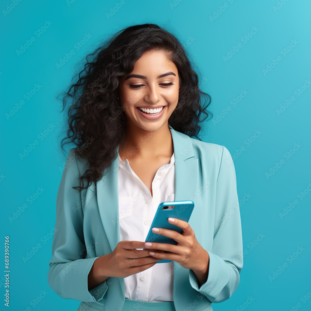 Young adult, smiling woman, holding mobile phone, engaging with smartphone, typing message, ecommerce shopping, app usage, cellphone interaction, isolated on blue background, 4K resolution, vibrant Young adult, smiling woman, holding mobile phone, engaging with smartphone, typing message, ecommerce shopping, app usage, cellphone interaction, isolated on blue background, 4K resolution, vibrant
