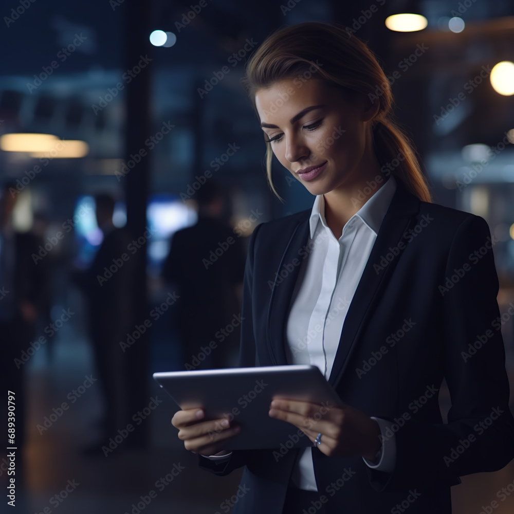 Caucasian business woman, project leader, multitasking with tablet, fast-paced office walk, smart suit, engaged entrepreneur, 4K quality, dynamic lighting, crisp imagery, contemporary workplace Caucasian business woman, project leader, multitasking with tablet, fast-paced office walk, smart suit, engaged entrepreneur, 4K quality, dynamic lighting, crisp imagery, contemporary workplace
