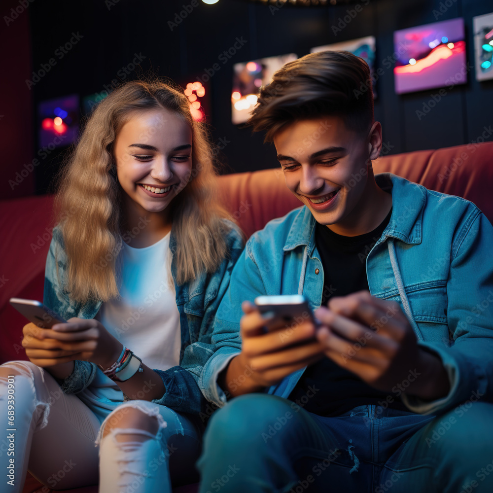 Happy Gen Z American teens relaxed sitting on couch, using smartphone, mobile apps engagement, online shopping, gaming, social media influence, authentic lifestyle shot, 4K resolution, natural home