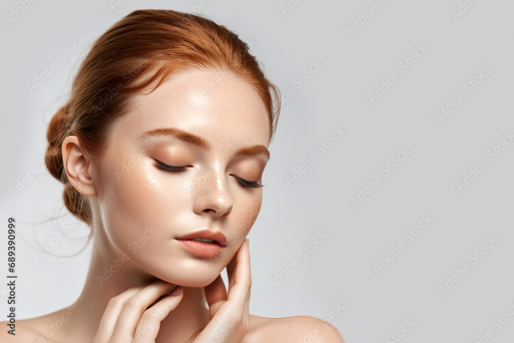 Close up shot of a beautiful ginger young woman gently touching her face. Eyes closed. Concept for wellness beauty spa skincare