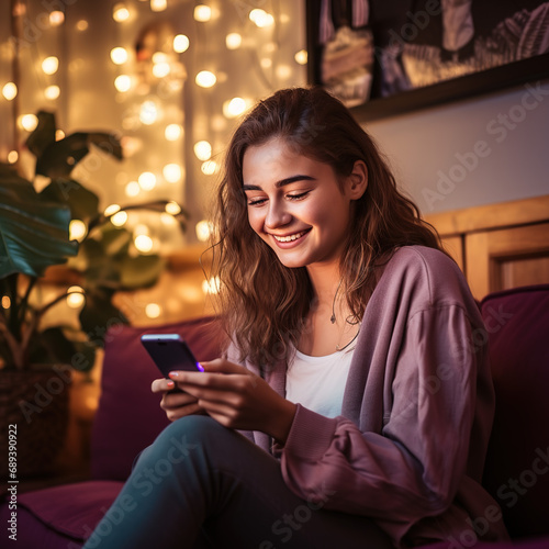Happy Gen Z American teen, relaxed sitting on couch, using smartphone, mobile apps engagement, online shopping, gaming, social media influence, authentic lifestyle shot, 4K resolution, natural home