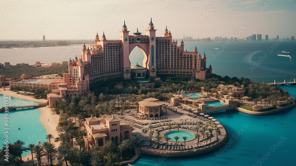 Atlantis The Palm, Dubai is a luxury resort hotel located atop the Palm Jumeirah in the United Arab Emirates - obrazy, fototapety, plakaty 