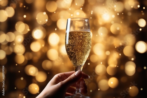 Glass of Champaign against a glitter background. Celebration party concept.