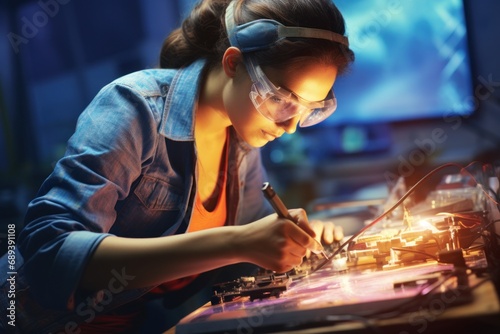 Female engineer motherboard technical repair and soldering iron for manufacturing