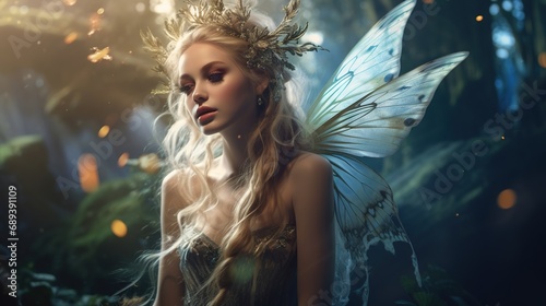 Beautiful fairy with wings in a fantasy magical enchanted forest with butterflies. fairy magic goddess nature transparent wings