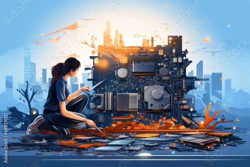 illustration Female engineer motherboard technical repair and soldering iron for manufacturing