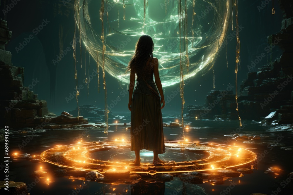 Casting a spell - magic in the hands of a fairy-tale Sorceress - obrazy, fototapety, plakaty 