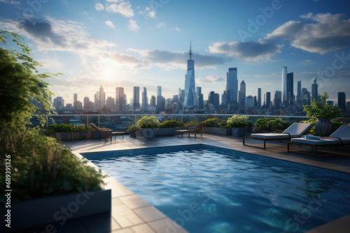 A rooftop pool with a stunning city skyline in the background. Concept of urban luxury. Generative Ai.