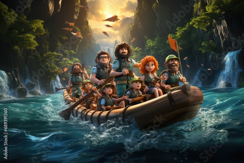 Journey of fairy-tale heroes on magic canoes