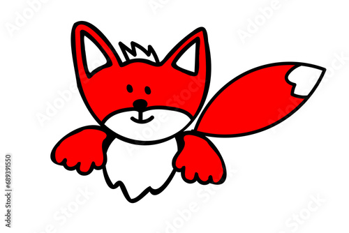 Cute red cartoon fire fox. Funny animal. Kids drawing. Vector illustration.