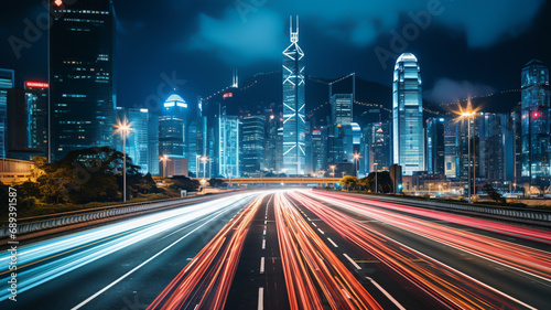 Hong kong city Car light trails and urban landscape with skyscrapers and skyline, night traffic