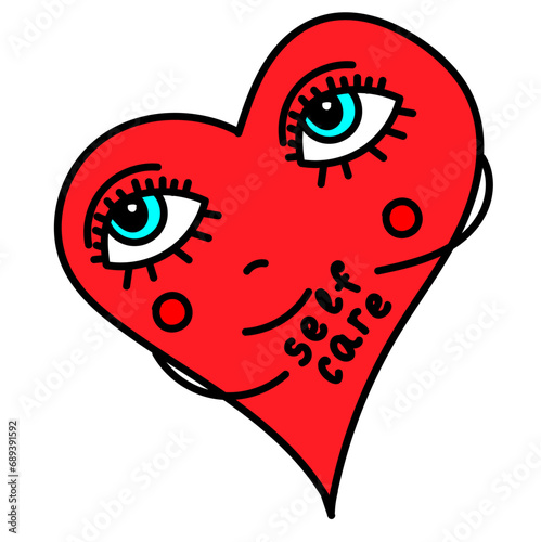 Cute cartoon self care heart with a smile. Feelings and emotions, mental health,  love, psychology. Funny and cool bright red vector illustration.