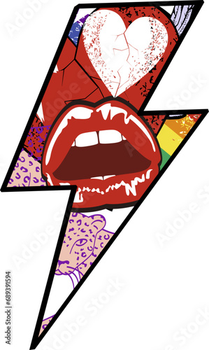 Thunderbolt  symbol t-shirt design with glam rock lips.