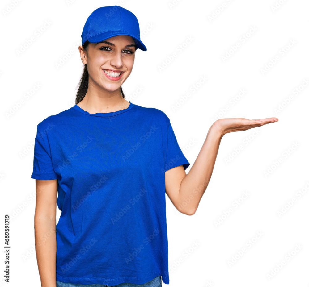 Young hispanic girl wearing delivery courier uniform smiling cheerful presenting and pointing with palm of hand looking at the camera. Young hispanic girl wearing delivery courier uniform smiling cheerful presenting and pointing with palm of hand looking at the camera.
