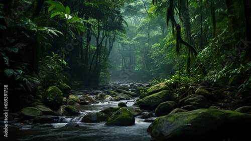 Green lush tropical rainforest with leaves and trees