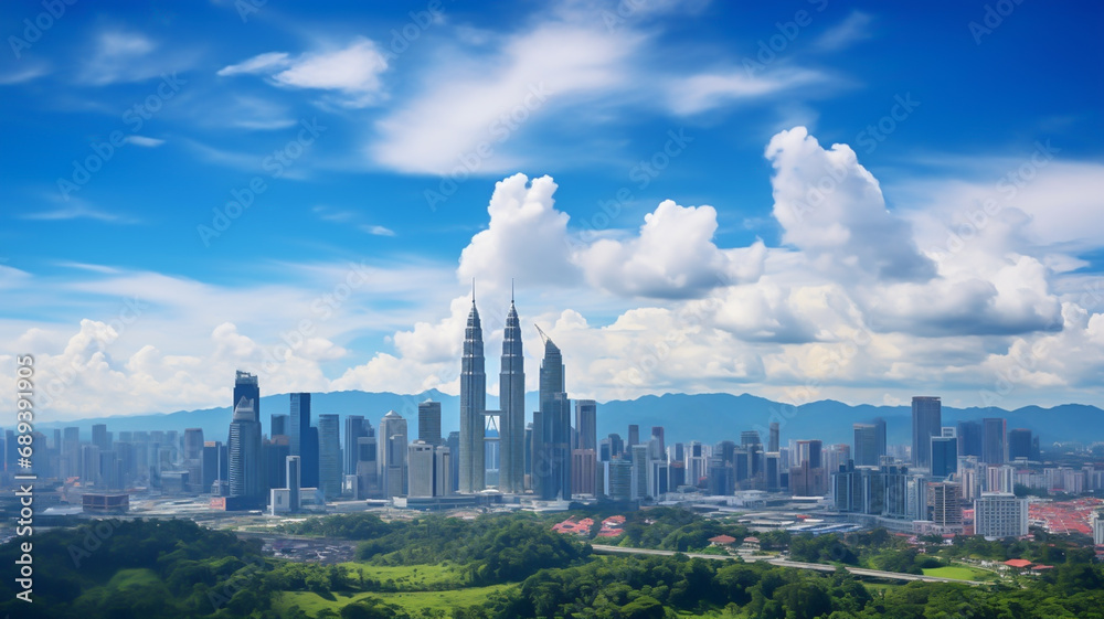 Fototapeta premium Landscape of Kuala lumpur skyline, Malaysia under cloudy blue sky
