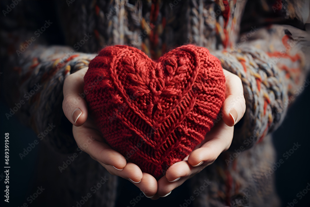 elderly female hands holding a knitted red heart made of threads - obrazy, fototapety, plakaty 