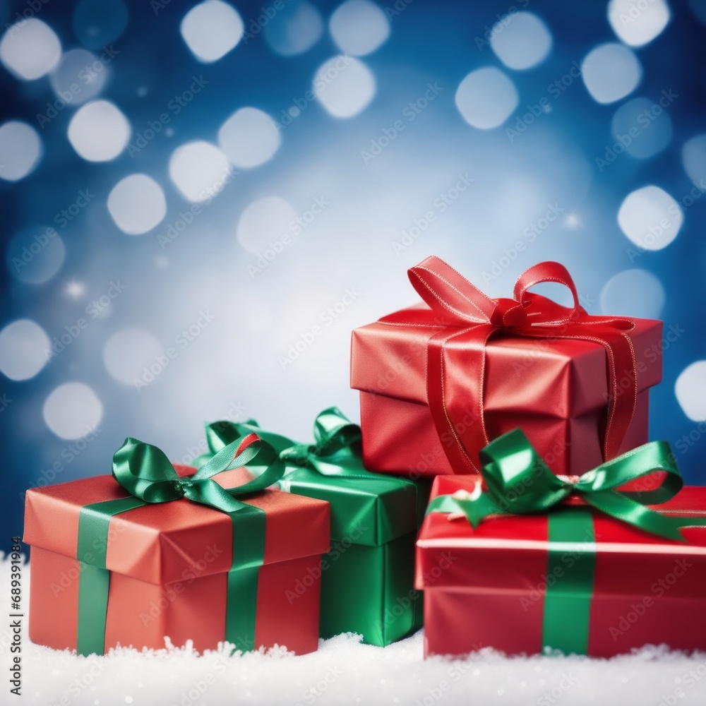Christmas Gifts box on a snowy background, A bokeh background effect. Christmas Gifts box on a snowy background, A bokeh background effect.