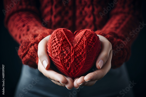 elderly female hands holding a knitted red heart made of threads photo