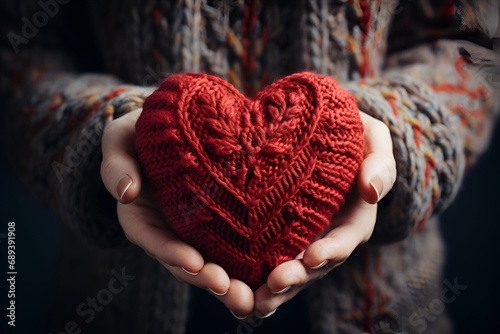 elderly female hands holding a knitted red heart made of threads photo