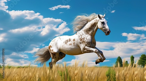 The horse jumps across the field with high grass