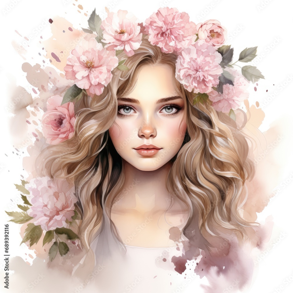 Beautiful blonde girl with flowers in her hair. Watercolor illustration.
