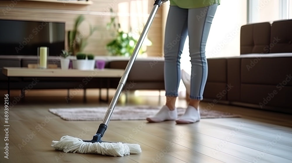 Fototapeta premium Cleaning in a modern apartment: a girl in trousers cleans the floor